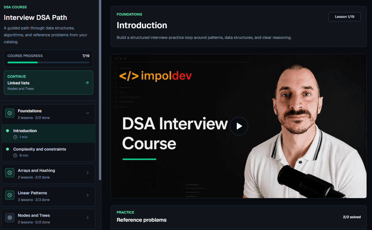 The impol.dev DSA course with lesson navigation, progress, video, and reference problems
